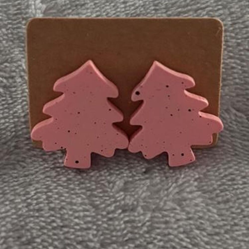 Pink Christmas Tree Stud Earrings | Speckled Matte Holiday Post Jewelry